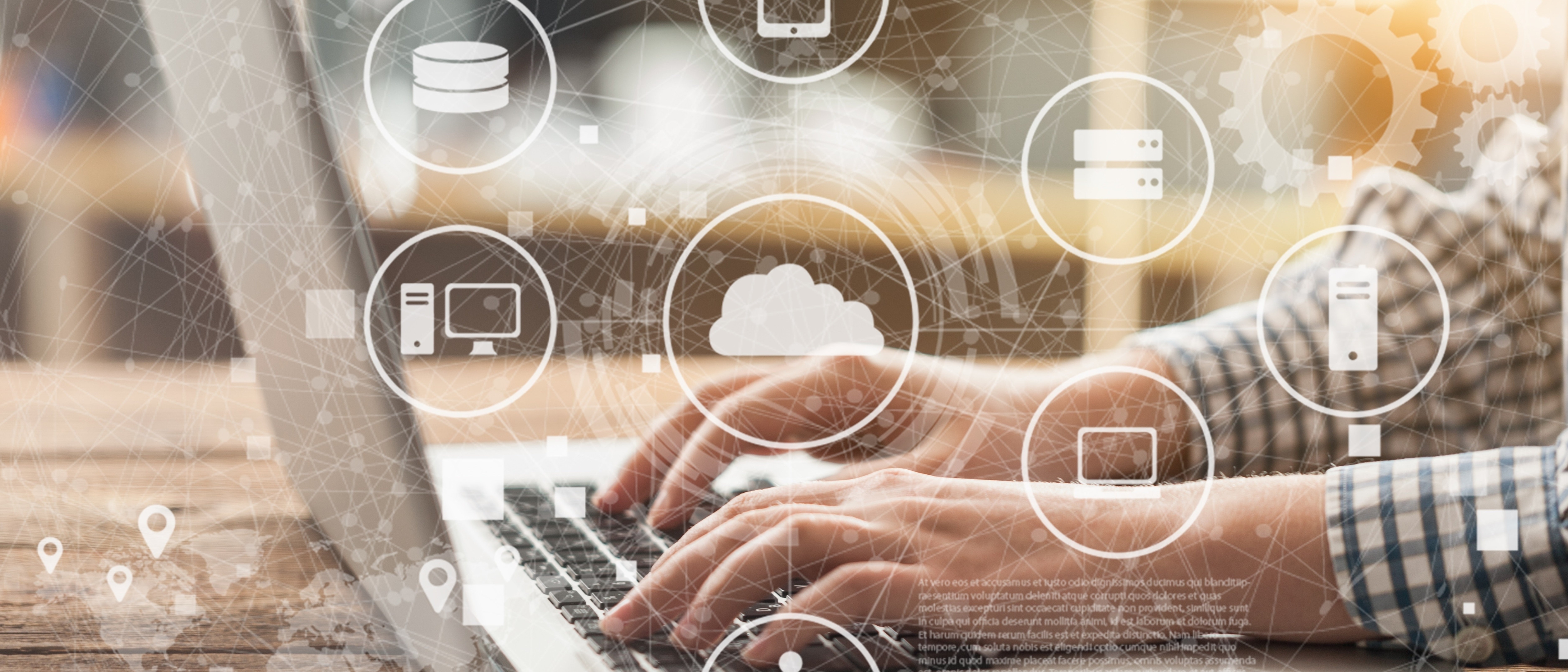 Hands typing on a laptop with digital network icons overlay, including cloud, database, and server symbols